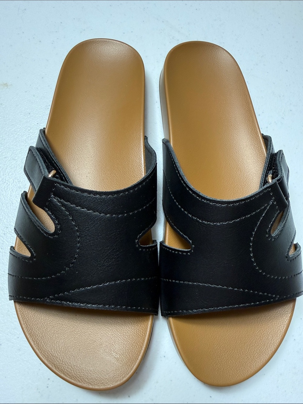 Black Slide Sandals with Tan Footbed